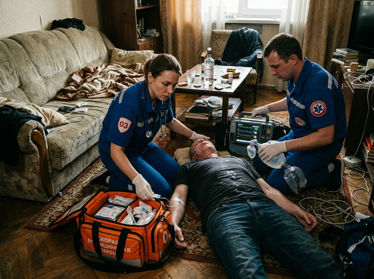 Врач скорой помощи оказывает экстренную медицинскую помощь при тяжёлом отравлении алкоголем на дому